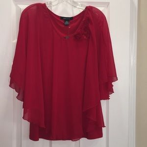 Valentine red batwing flowing top w/rose accents